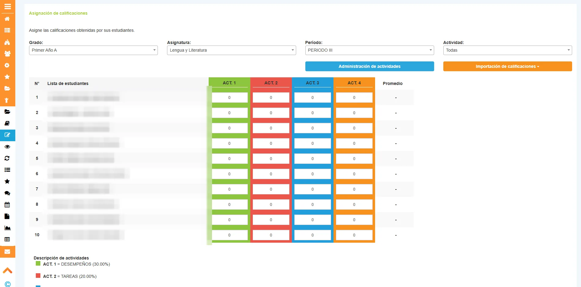Asignación de calificaciones por grado, asignatura y periodo en TBox School