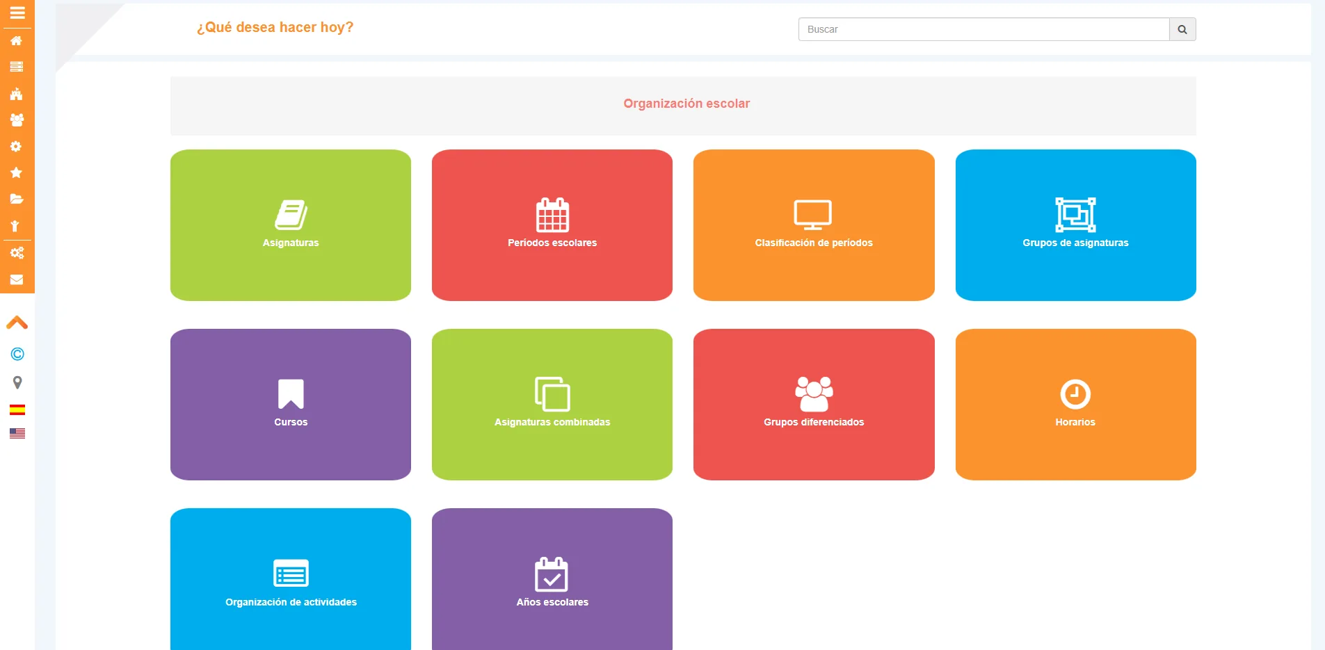 Panel de organización escolar: asignaturas, periodos, cursos y horarios en TBox School