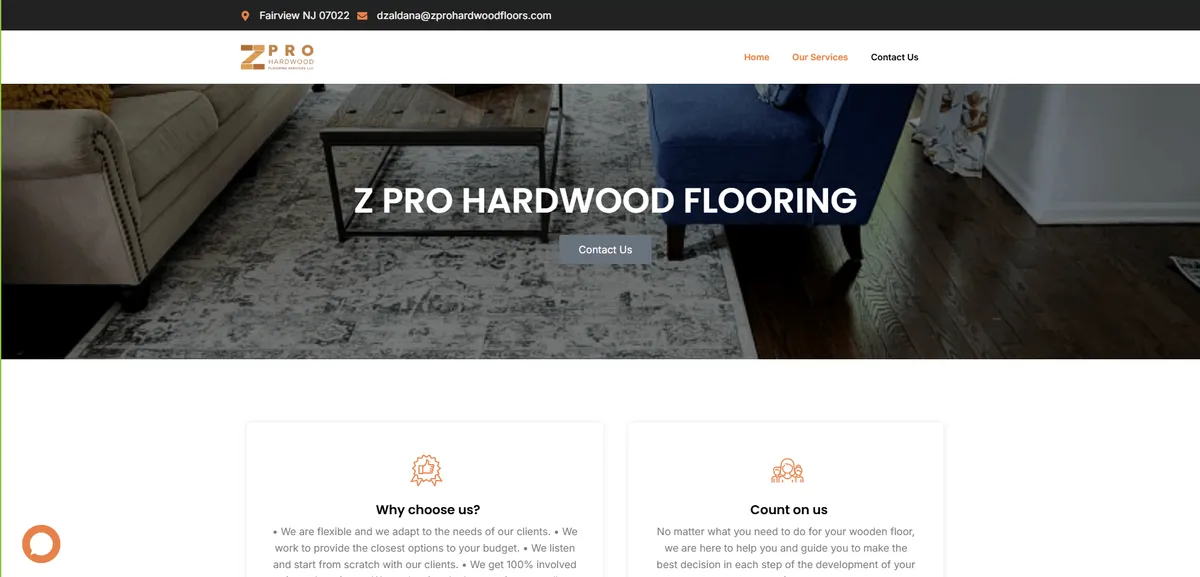Página de inicio del sitio web de Z Pro Hardwood Flooring