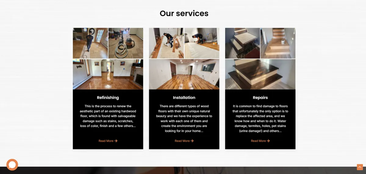 Sección de servicios: refinishing, installation y repairs